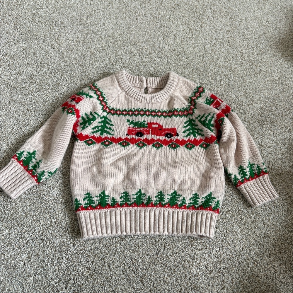 Baby Knit Christmas Sweater Truck Trees Size 9-12 m Tan Red